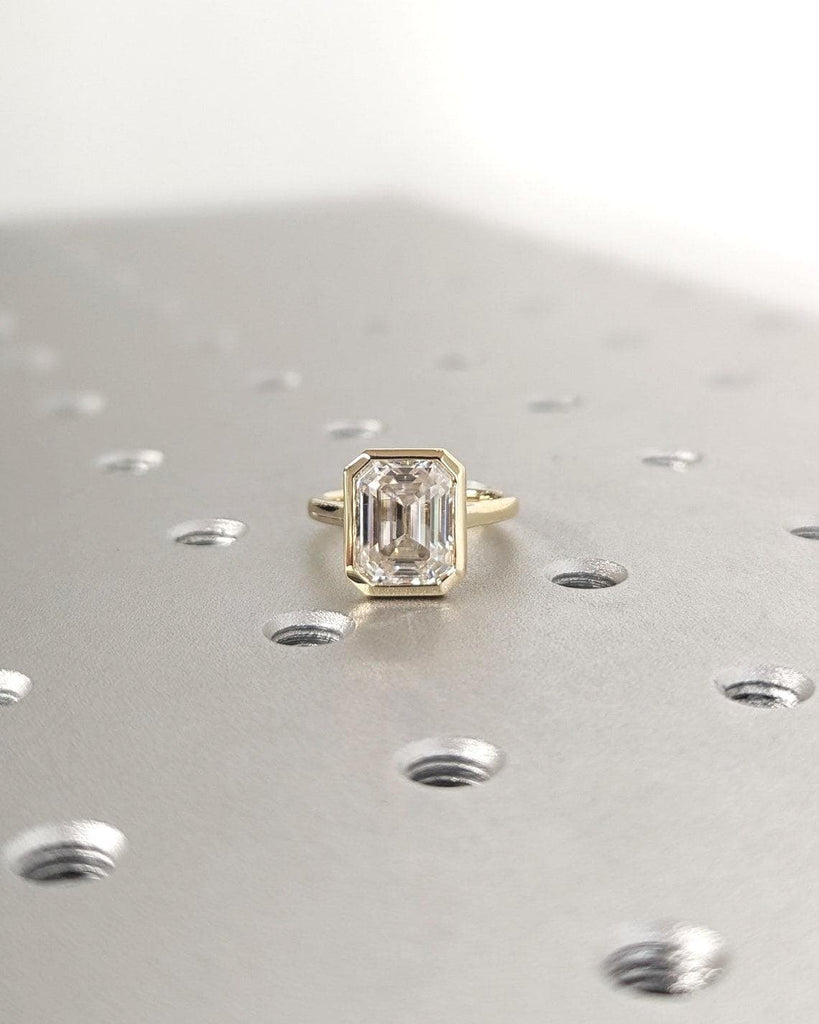 3ct Emerald Cut Lab Grown Diamond Solitaire Ring | 14K Yellow Gold Engagement Ring Bezel Setting | Statement Ring, Gift For Her, Minimalist