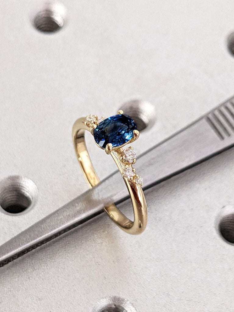Blue Sapphire and Diamond Ring | Promise Ring For Her | 1CT, 1.5ct Oval Cut Sapphire Engagement Ring for Women | Snowdrift Diamond Cluster Ring