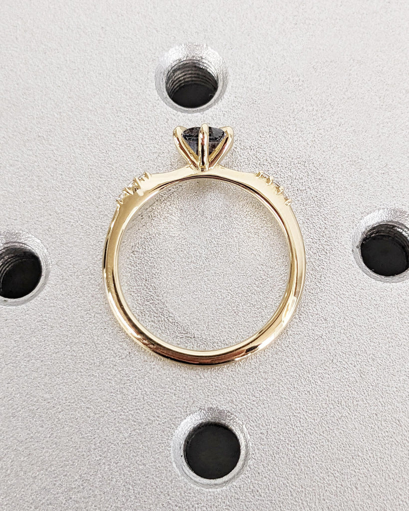 Salt and Pepper Diamond Dainty Wedding Ring, Moissanite or Diamond Accents, Tapered Band, 14k Solid Gold Thin Ring, Small Diamond Ring