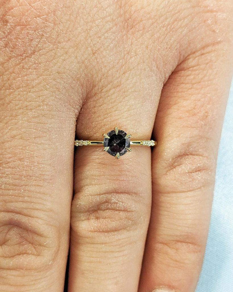 Salt and Pepper Diamond Dainty Wedding Ring, Moissanite or Diamond Accents, Tapered Band, 14k Solid Gold Thin Ring, Small Diamond Ring