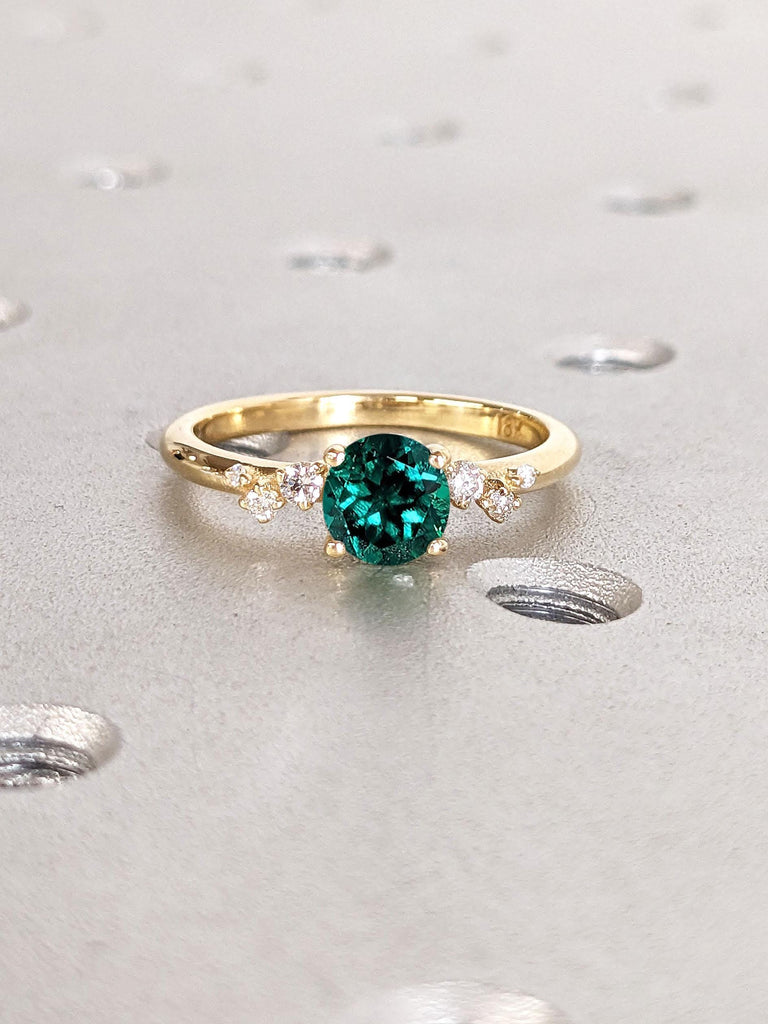 14K Solid Gold Emerald Ring | May Birthstone Jewelry Engagement Band, Green Gemstone with Diamond, Round Emerald Band with Dainty Moissanite image #6