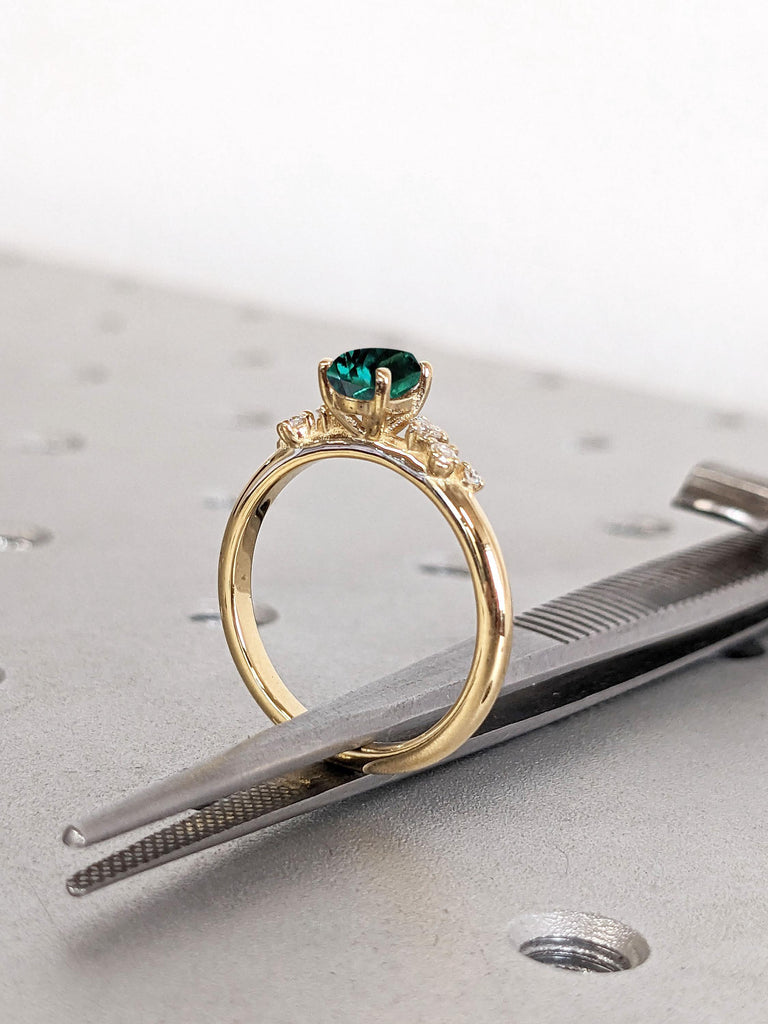 14K Solid Gold Emerald Ring | May Birthstone Jewelry Engagement Band, Green Gemstone with Diamond, Round Emerald Band with Dainty Moissanite