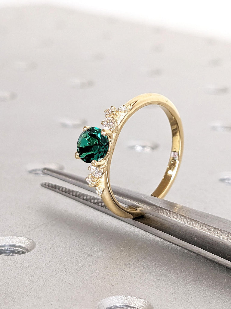 14K Solid Gold Emerald Ring | May Birthstone Jewelry Engagement Band, Green Gemstone with Diamond, Round Emerald Band with Dainty Moissanite image #5