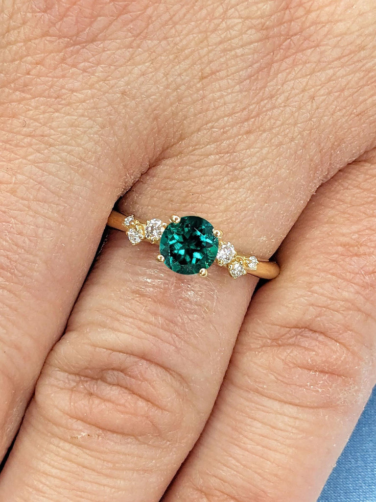 14K Solid Gold Emerald Ring | May Birthstone Jewelry Engagement Band, Green Gemstone with Diamond, Round Emerald Band with Dainty Moissanite image #2
