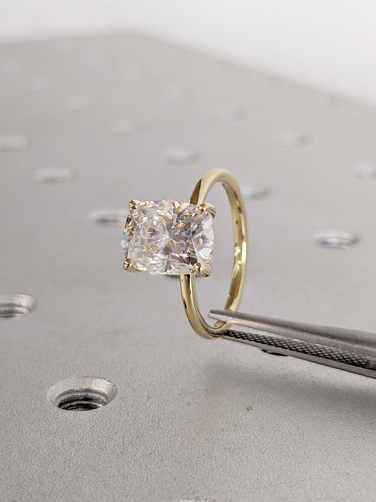 Solitaire Moissanite Ring | Elongated Cushion Cut Engagement Ring | 14k Gold Women Wedding Ring | Diamond Hidden Halo Ring | Statement Ring