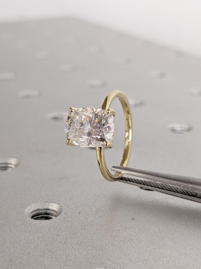 Solitaire Moissanite Ring | Elongated Cushion Cut Engagement Ring | 14k Gold Women Wedding Ring | Diamond Hidden Halo Ring | Statement Ring