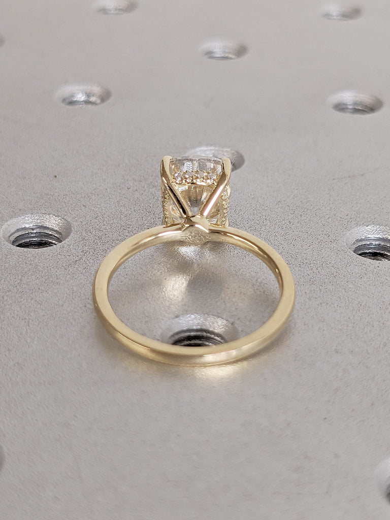 Elongated Cushion Lab Grown Diamond Engagement Ring, Solitaire 14k Solid Gold Ring, Hidden Halo Diamond Ring, Anniversary Rings for Women