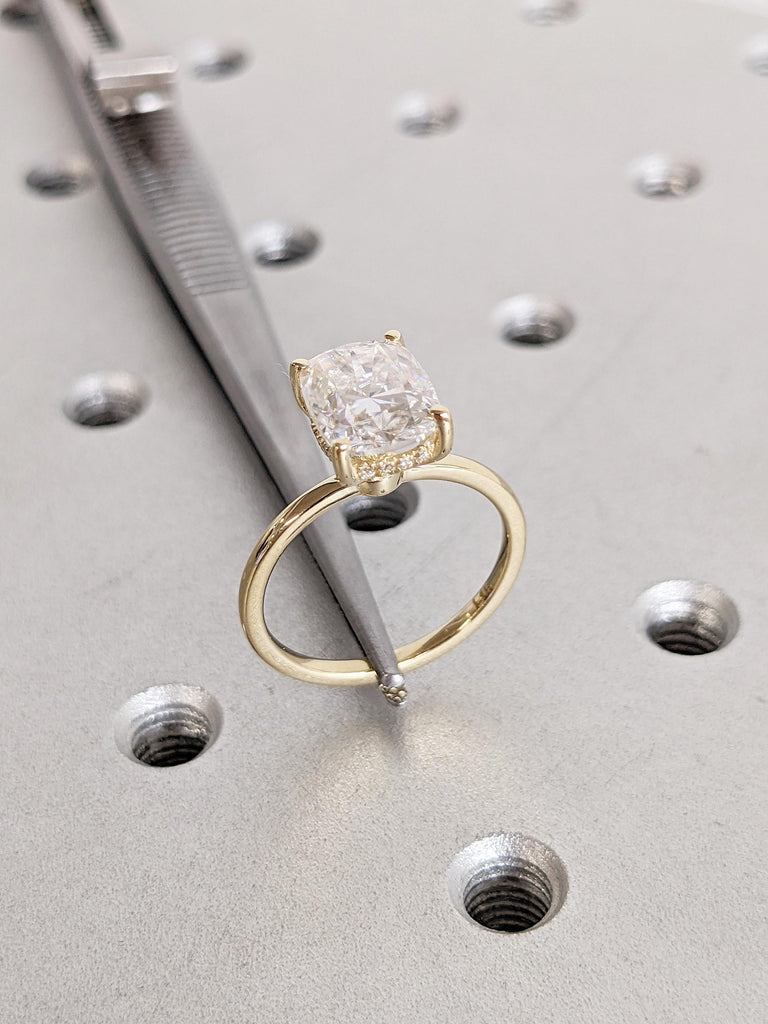 Lab Grown Diamond Ring, Elongated Cushion Cut Engagement Ring, 14k Yellow Gold Statement Ring, Hidden Halo Ring, Gold Promise Ring for Her