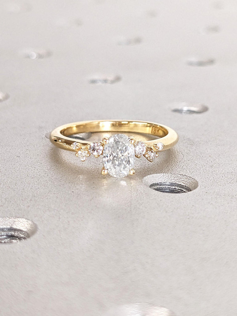 VVS Moissanite Cluster Oval Engagement Ring | 14k 18k Yellow Gold Rings for Women | Natural Diamond Snowdrift Ring | Handmade Bridal Jewelry