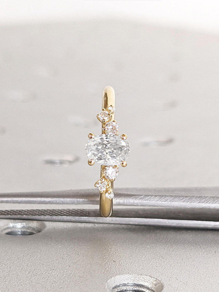 VVS Moissanite Cluster Oval Engagement Ring | 14k 18k Yellow Gold Rings for Women | Natural Diamond Snowdrift Ring | Handmade Bridal Jewelry