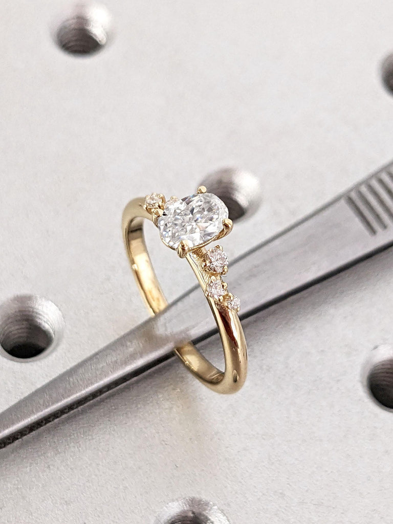 VVS Moissanite Cluster Oval Engagement Ring | 14k 18k Yellow Gold Rings for Women | Natural Diamond Snowdrift Ring | Handmade Bridal Jewelry
