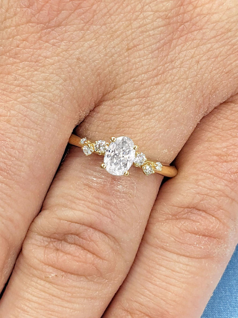 VVS Moissanite Cluster Oval Engagement Ring | 14k 18k Yellow Gold Rings for Women | Natural Diamond Snowdrift Ring | Handmade Bridal Jewelry