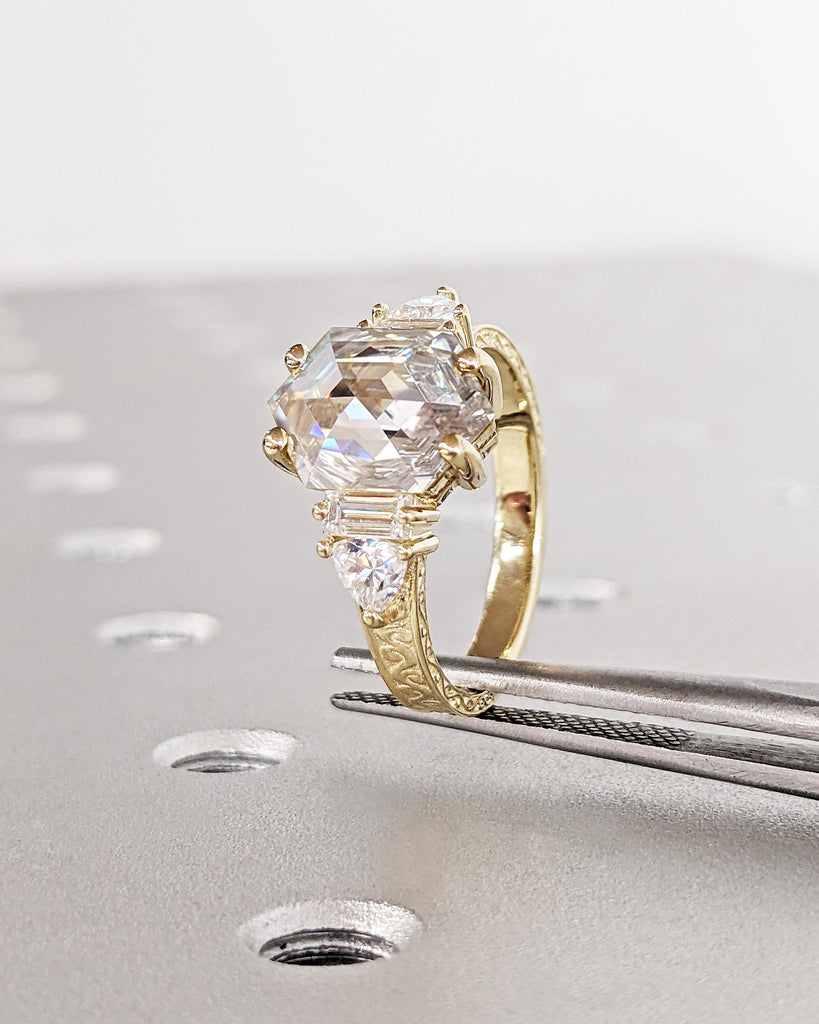 Art Deco Moissanite Ring, 14k Gold Engagement Ring, Filigree Ring, Baguette Trillion Hexagon Ring, Gold Statement Ring, Unique Gift for Mom