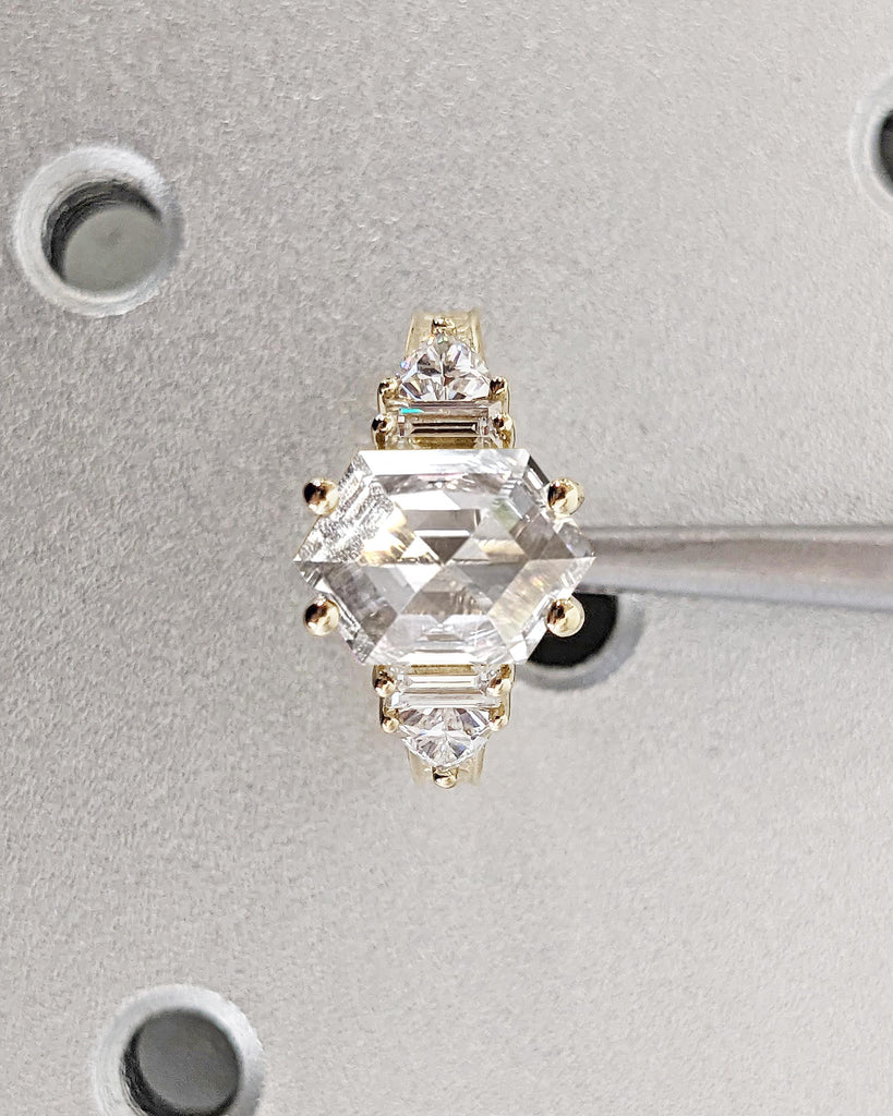 Hexagon Moissanite Engagement Ring, Filigree 14k Solid Gold Ring, Baguette and Trillion Cut Ring, Statement Rings for Women, Gift for Wife