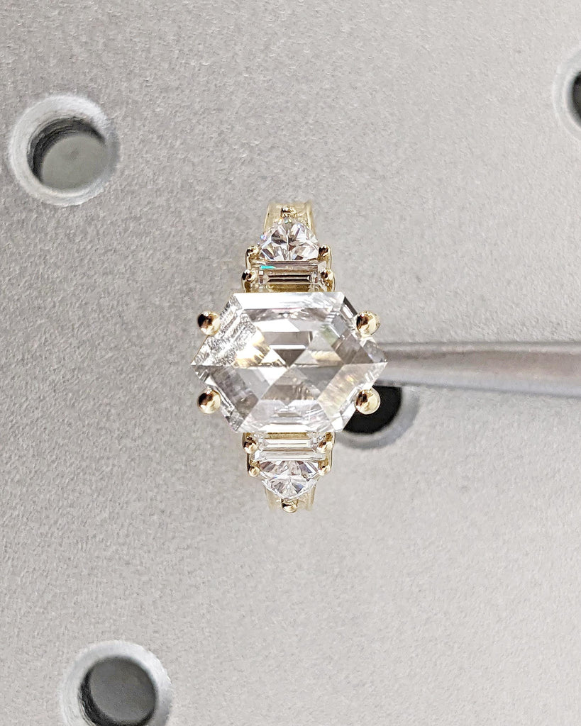 Vintage 14K Gold Moissanite Engagement Ring, Hexagon Moissanite Wedding Ring, Art Deco Hexagon Trillion Baguette Bridal Promise Ring for Her
