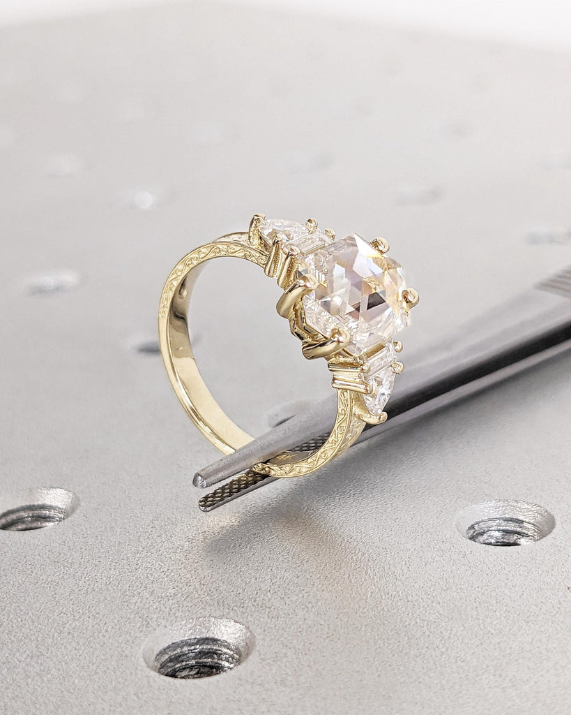Art Deco Moissanite Ring, 14k Gold Engagement Ring, Filigree Ring, Baguette Trillion Hexagon Ring, Gold Statement Ring, Unique Gift for Mom
