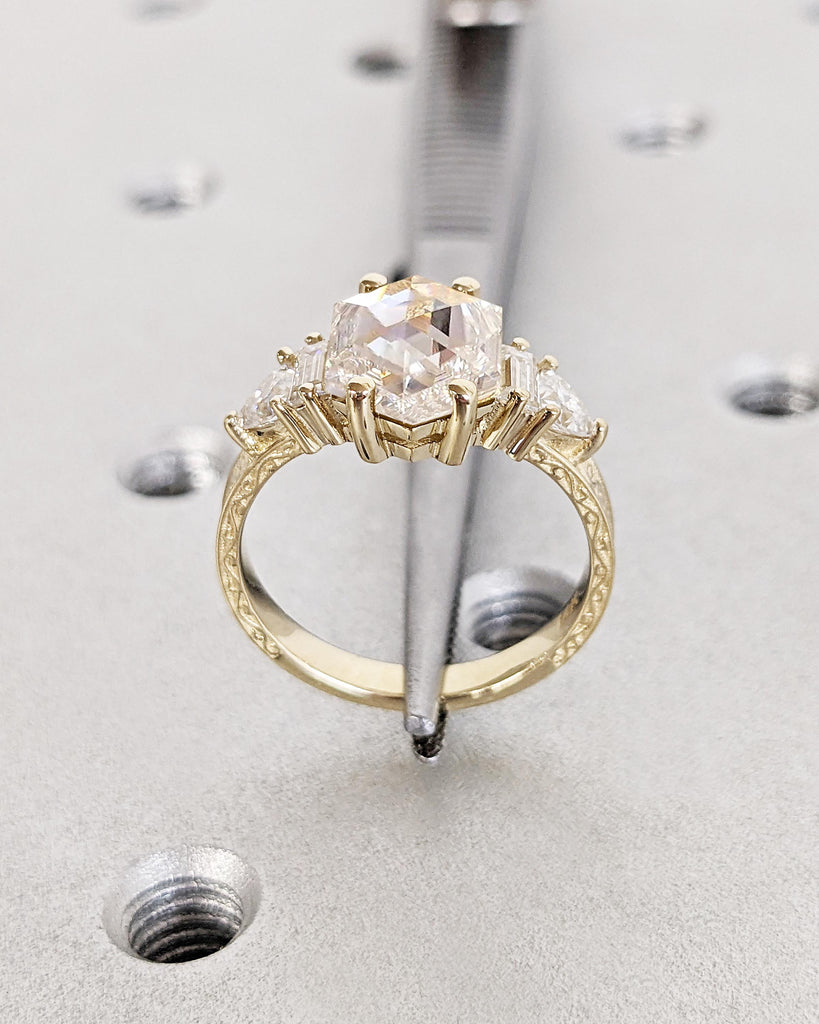Hexagon Moissanite Engagement Ring, Filigree 14k Solid Gold Ring, Baguette and Trillion Cut Ring, Statement Rings for Women, Gift for Wife