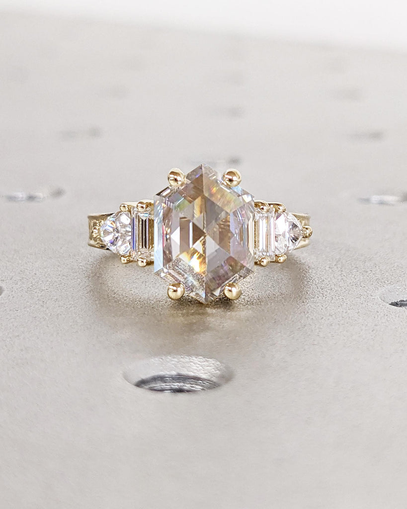 Art Deco Hexagon Cut Moissanite Engagement Ring, Moissanite Hexagon with side Trillion and Baguette Ring, Art Deco Bridal Promise Ring, Solid Gold Ring