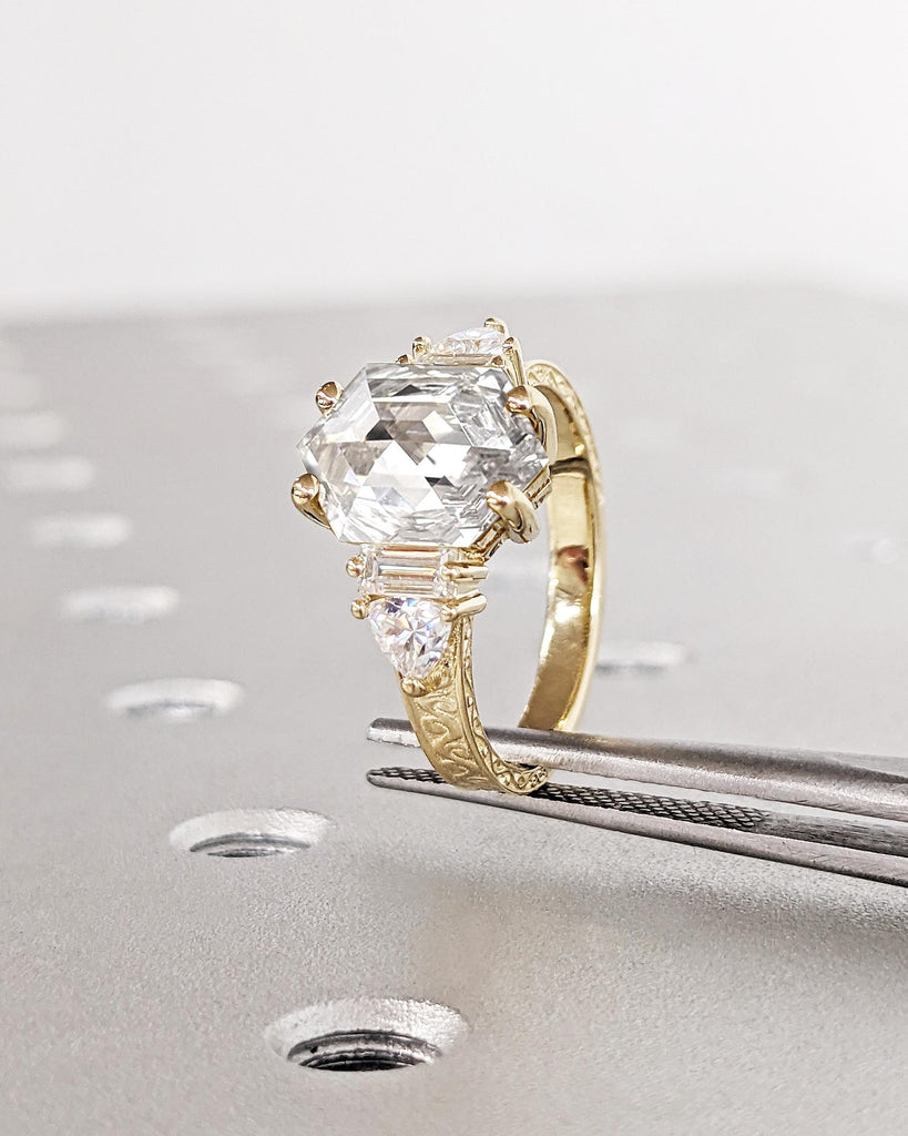 Vintage 14K Gold Lab Grown Diamond Engagement Ring, Hexagon Lab Diamond Wedding Ring, Art Deco Hexagon Trillion Baguette Bridal Promise Ring