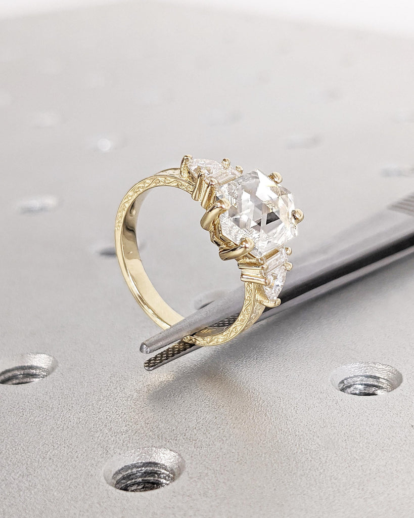 Hexagon Lab Grown Diamond Engagement Ring, 14k Solid Gold Ring, Lab Diamond Ring, Gold Promise Ring, Statement Rings for Women, Gift for Her