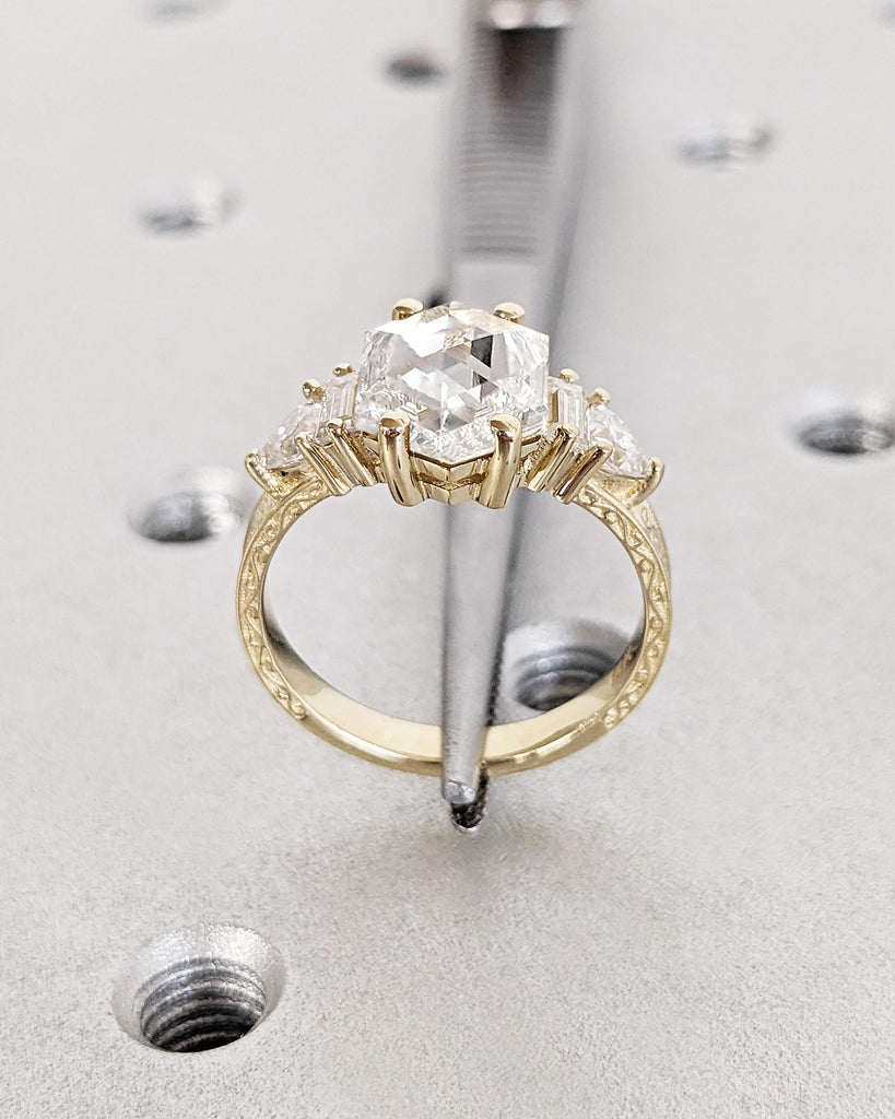 Hexagon Lab Grown Diamond Engagement Ring, 14k Solid Gold Ring, Lab Diamond Ring, Gold Promise Ring, Statement Rings for Women, Gift for Her