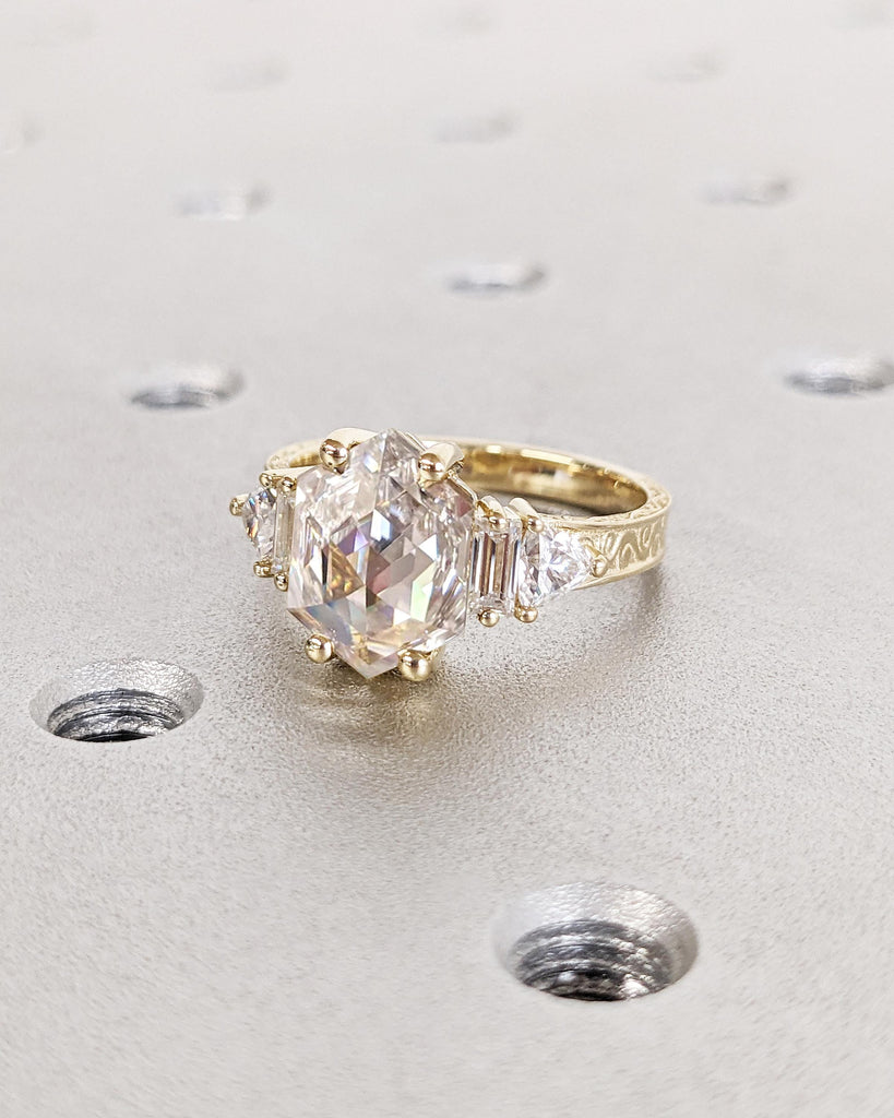 Vintage 14K Yellow Gold Moissanite Engagement Ring, Hexagon Moissanite Wedding Ring, Art Deco Hexagon Trillion Baguette Bridal Promise Ring for Her