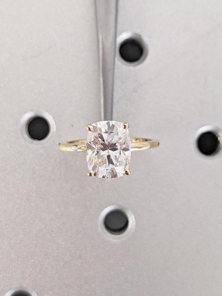 Elongated Cushion Moissanite Engagement Ring, Dainty 14k Solid Gold Ring, Hidden Halo Moissanite Ring, Solitaire Promise Ring, Gift for Wife