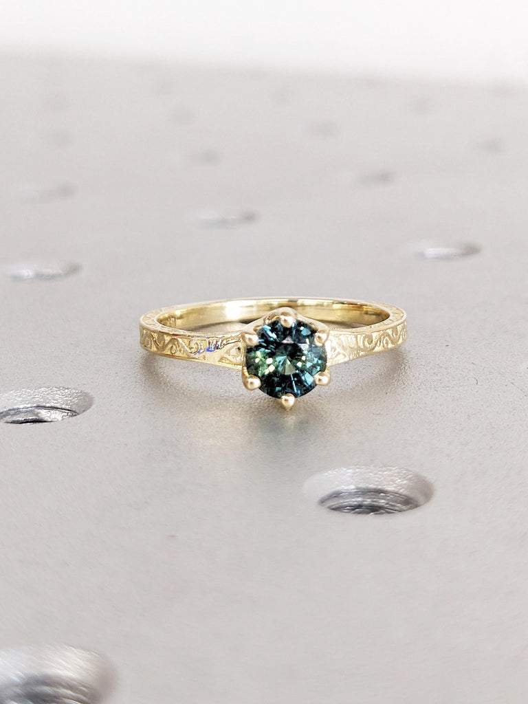14k Gold Minimalist Ring, Blue Green Sapphire Ring, Vintage Peacock Sapphire Engagement Ring, Filigree Promise Rings for Women, Gift for Her