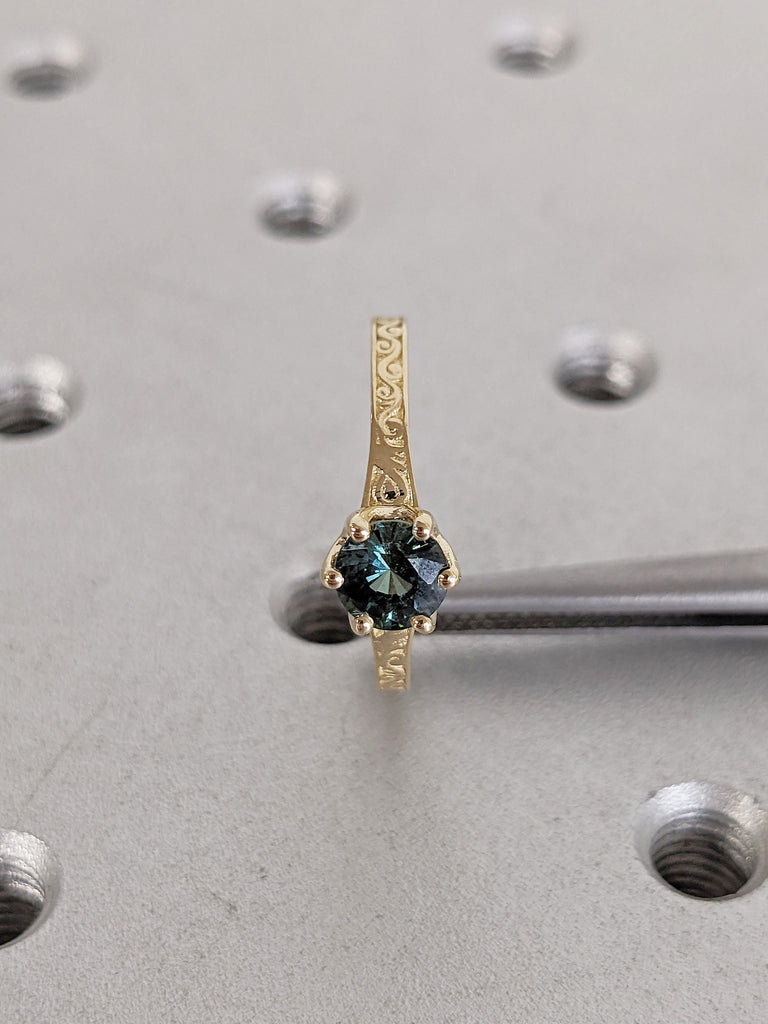 14k Gold Minimalist Ring, Blue Green Sapphire Ring, Vintage Peacock Sapphire Engagement Ring, Filigree Promise Rings for Women, Gift for Her