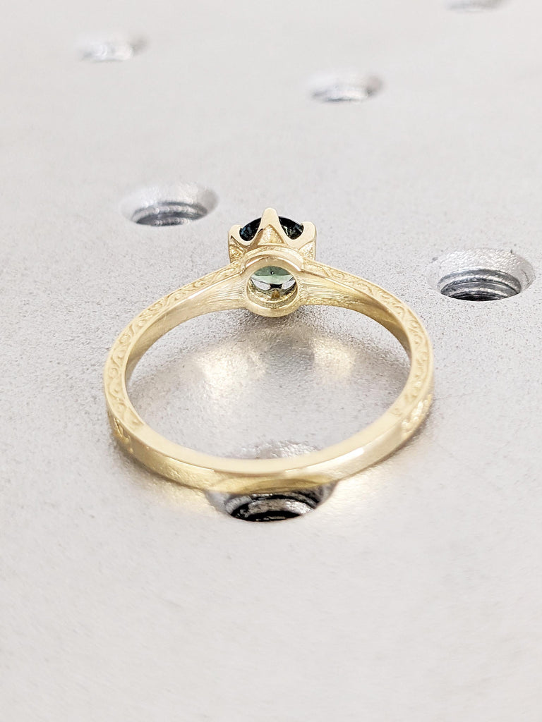 14k Gold Minimalist Ring, Blue Green Sapphire Ring, Vintage Peacock Sapphire Engagement Ring, Filigree Promise Rings for Women, Gift for Her