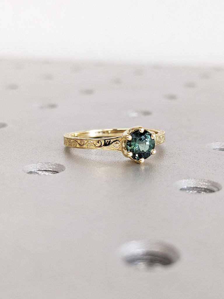14k Gold Minimalist Ring, Blue Green Sapphire Ring, Vintage Peacock Sapphire Engagement Ring, Filigree Promise Rings for Women, Gift for Her
