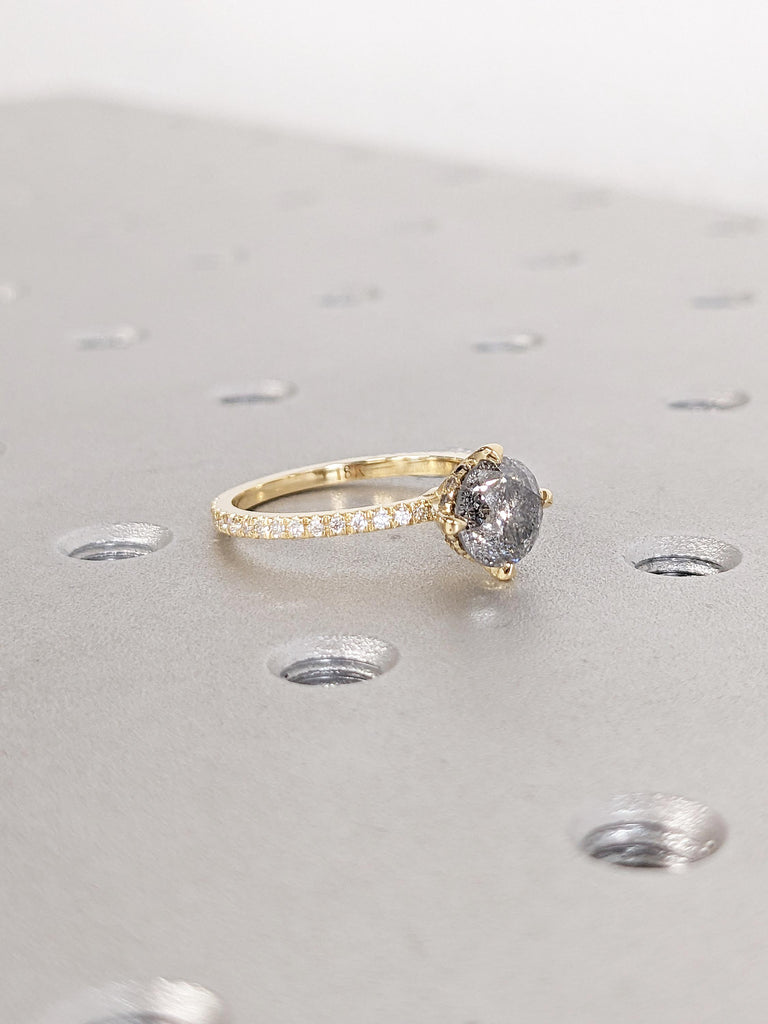 Round Cut Salt and Pepper Diamond Ring, 18k Gold Engagement Ring, Art Deco Eternity Ring, Moissanite Hidden Halo Ring, Promise Ring for Her