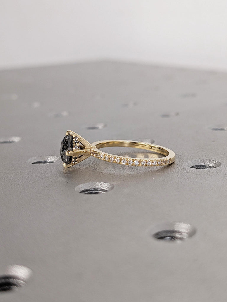 Round Cut Salt and Pepper Diamond Ring, 18k Gold Engagement Ring, Art Deco Eternity Ring, Moissanite Hidden Halo Ring, Promise Ring for Her