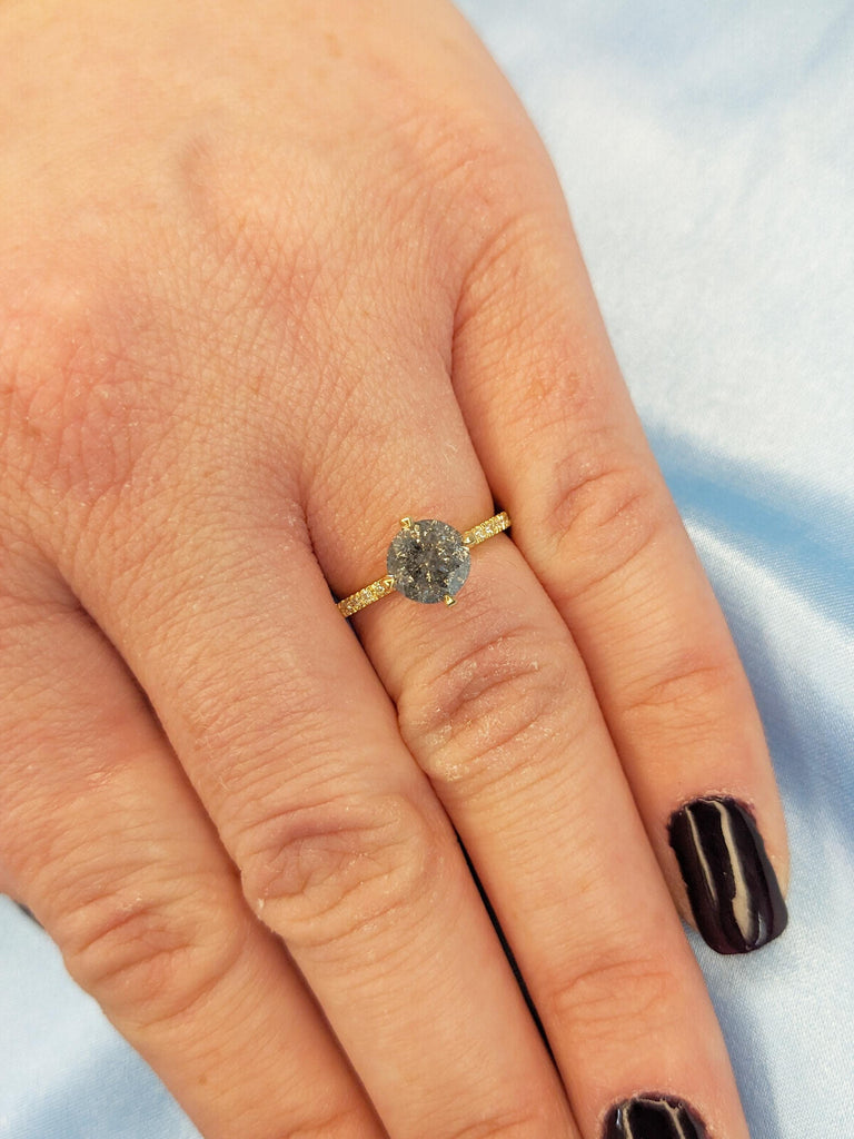 Round Cut Salt and Pepper Diamond Ring, 18k Gold Engagement Ring, Art Deco Eternity Ring, Moissanite Hidden Halo Ring, Promise Ring for Her