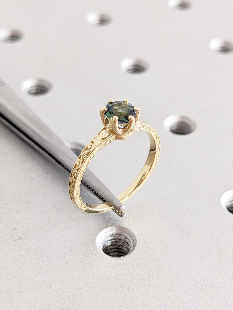 One of a Kind Montana Sapphire Ring, Filigree 14k Solid Gold Ring, Teal Sapphire Engagement Ring, Solitaire Wedding Ring, Personalized Ring