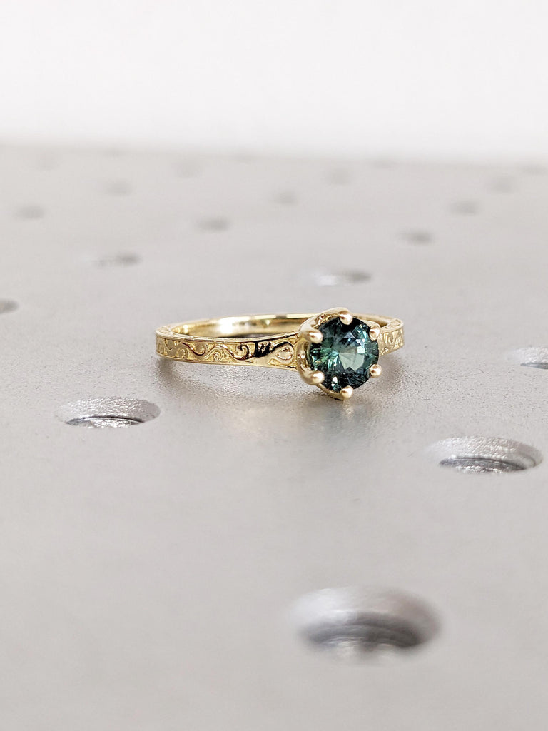 One of a Kind Montana Sapphire Ring, Filigree 14k Solid Gold Ring, Teal Sapphire Engagement Ring, Solitaire Wedding Ring, Personalized Ring