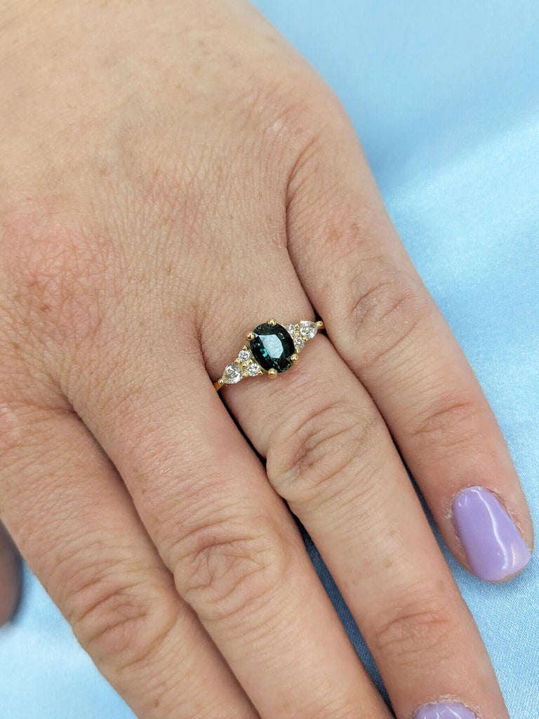 Oval Cut Blue Green Sapphire Ring, Unique 18k Yellow Gold Promise Ring for Her, Teal Sapphire Wedding Anniversary Ring, Diamond Cluster Ring