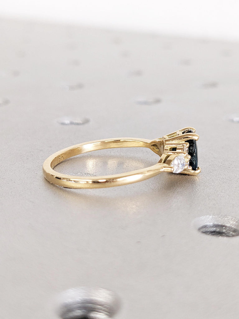 Oval Cut Blue Green Sapphire Ring, Unique 18k Yellow Gold Promise Ring for Her, Teal Sapphire Wedding Anniversary Ring, Diamond Cluster Ring