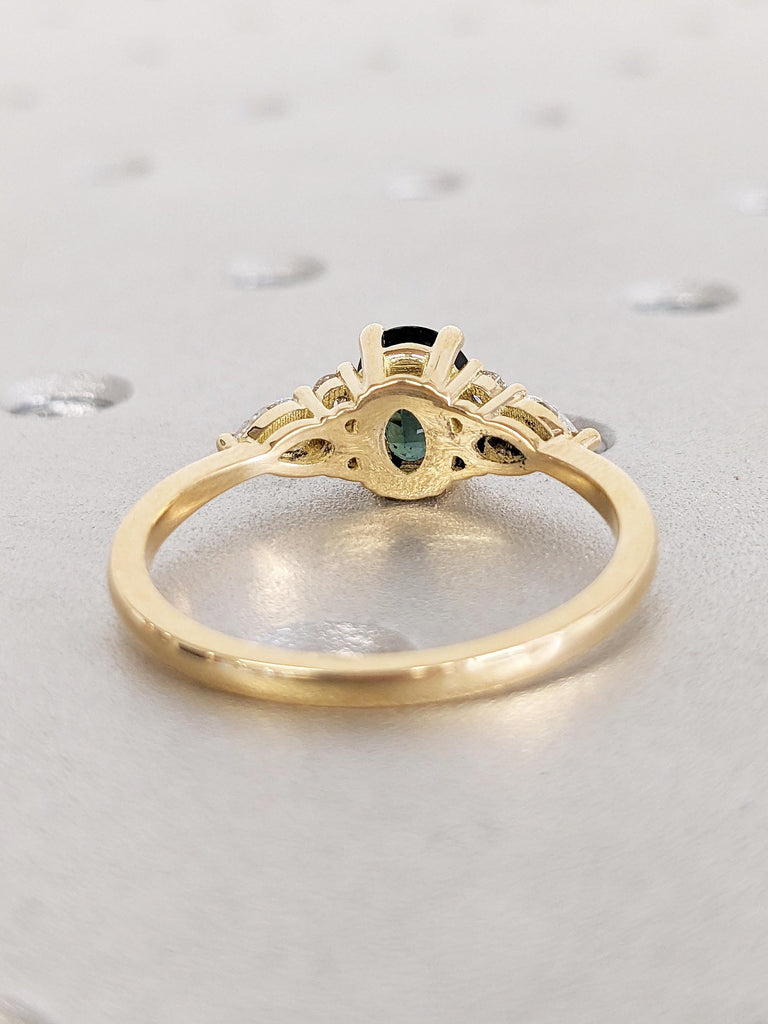 Oval Cut Blue Green Sapphire Ring, Unique 18k Yellow Gold Promise Ring for Her, Teal Sapphire Wedding Anniversary Ring, Diamond Cluster Ring