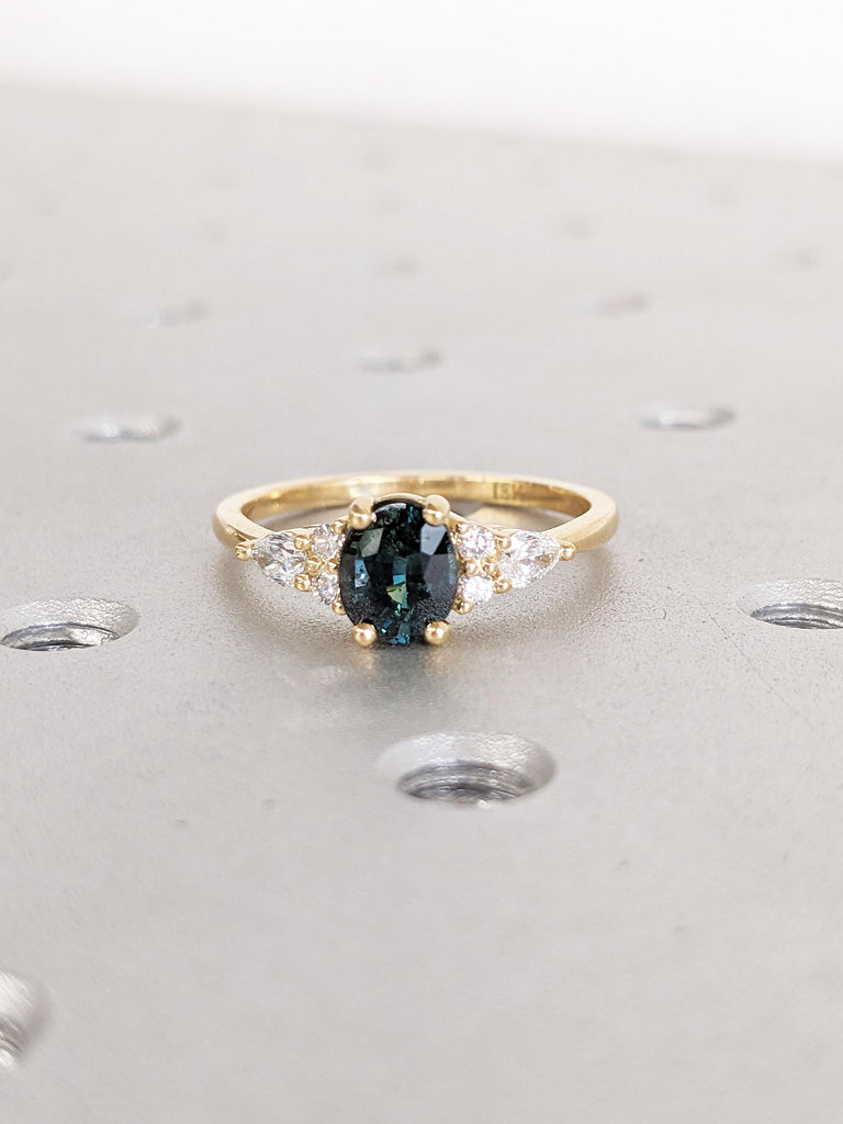 Oval Cut Blue Green Sapphire Ring, Unique 18k Yellow Gold Promise Ring for Her, Teal Sapphire Wedding Anniversary Ring, Diamond Cluster Ring