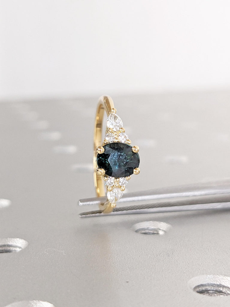 Oval Cut Blue Green Sapphire Ring, Unique 18k Yellow Gold Promise Ring for Her, Teal Sapphire Wedding Anniversary Ring, Diamond Cluster Ring