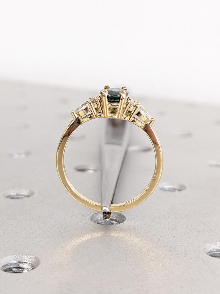 Oval Cut Blue Green Sapphire Ring, Unique 18k Yellow Gold Promise Ring for Her, Teal Sapphire Wedding Anniversary Ring, Diamond Cluster Ring