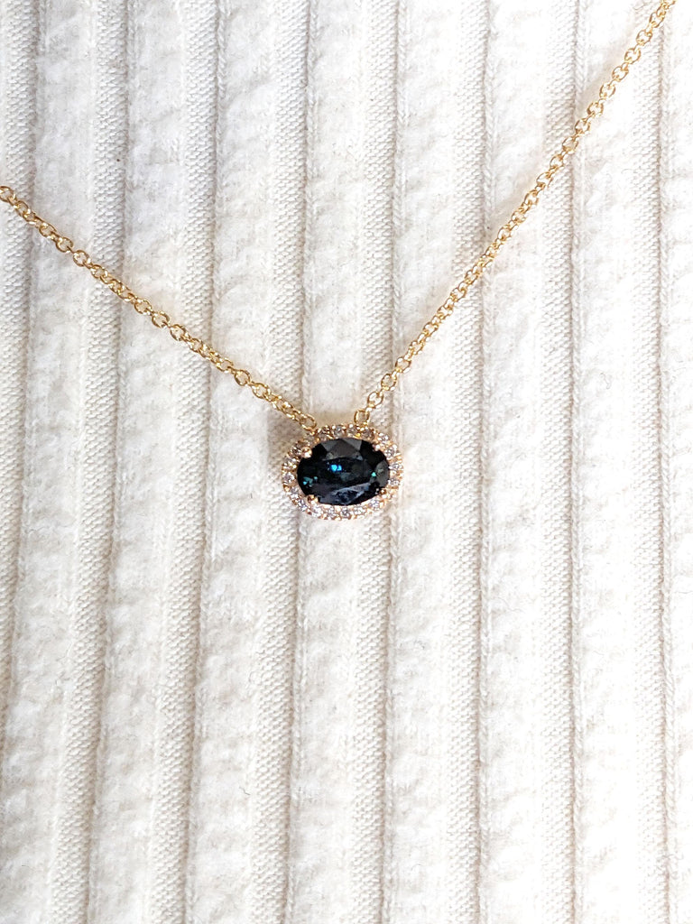 1ct Natural Blue Green Sapphire and Diamond Halo Pendant | 18k Rose Gold Classic Sapphire Necklace for Her, East West Oval Solitaire Pendant