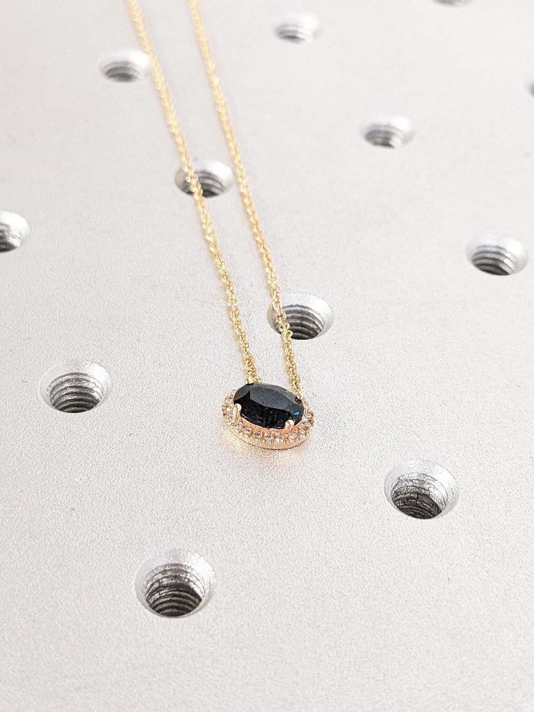 1 Carat Natural Blue Green Sapphire Pendant Necklace | Rope Chain Necklace for Her | 18k Rose Gold Sapphire Woman Necklace