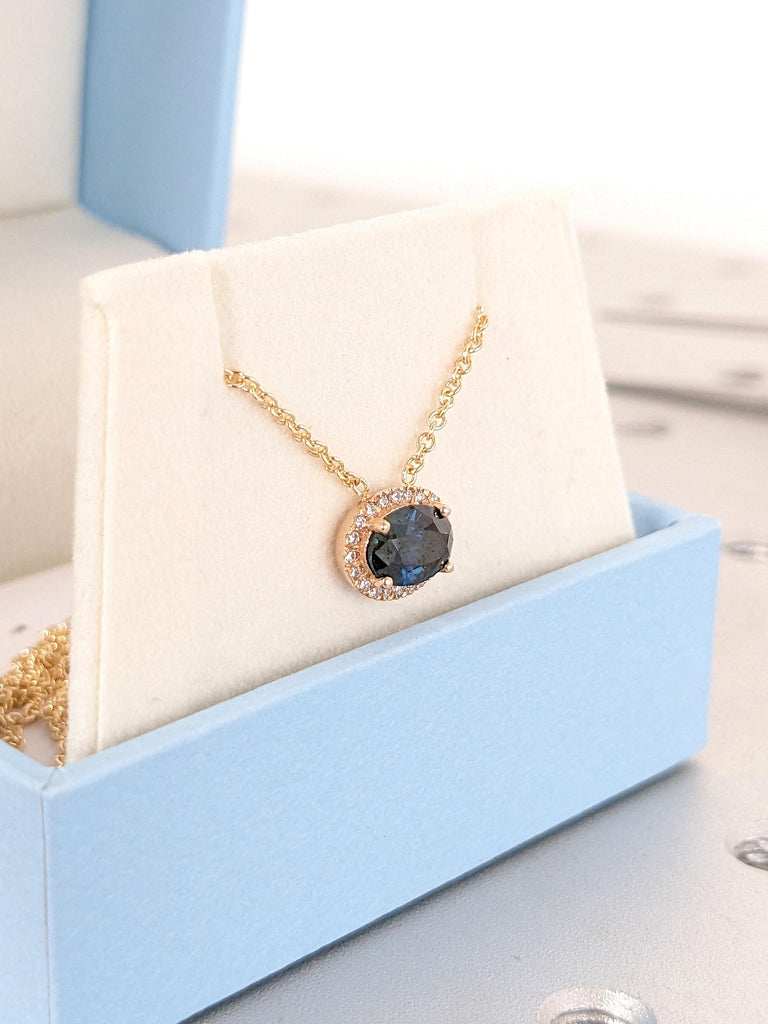 Diamond Halo Solitaire Pendant | East West Teal Sapphire Pendant Rose Gold Necklace | Gift for Her Wife Mother Sister