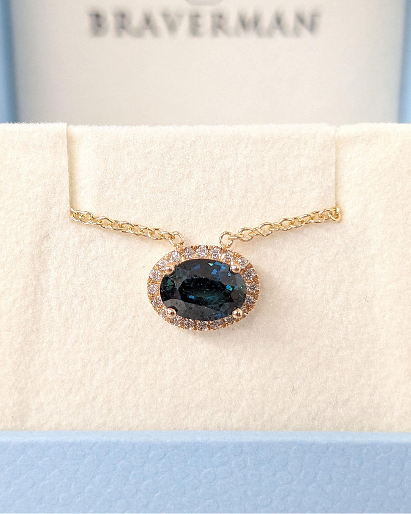 1ct Oval Blue Green Sapphire Pendant with Halo Diamonds | 18k Rose Gold Classic Sapphire Necklace for Her | Rope Chain Necklace | East West Oval Solitaire Pendant