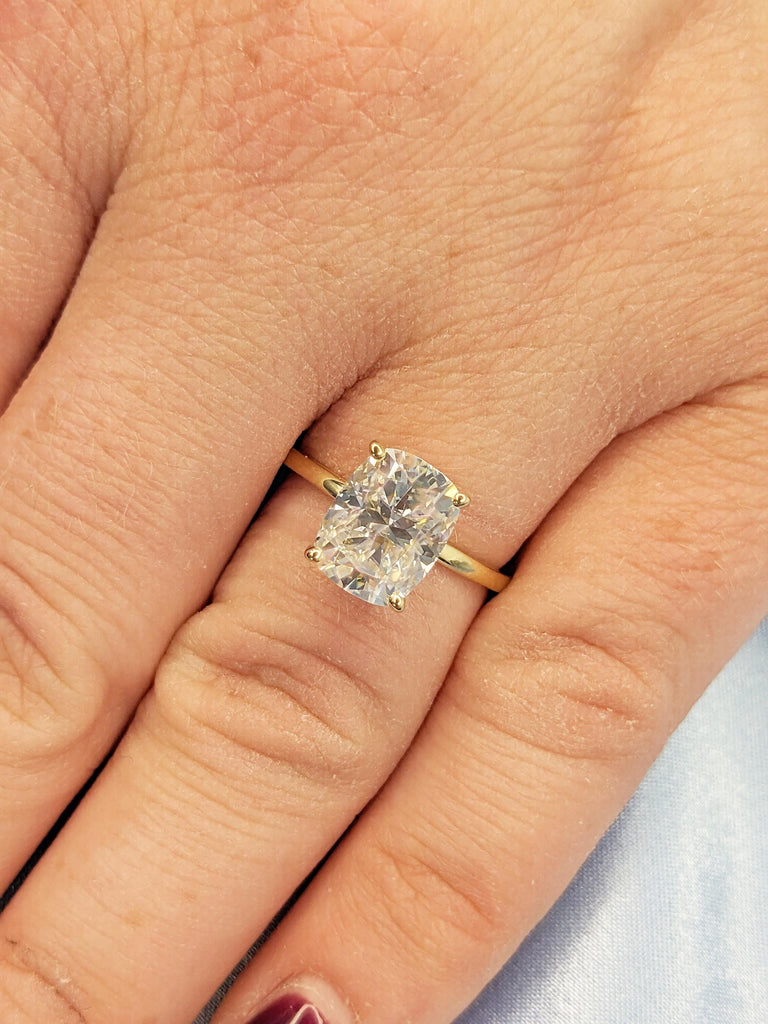 Elongated Cushion Lab Grown Diamond Engagement Ring, Solitaire 14k Solid Gold Ring, Hidden Halo Diamond Ring, Anniversary Rings for Women
