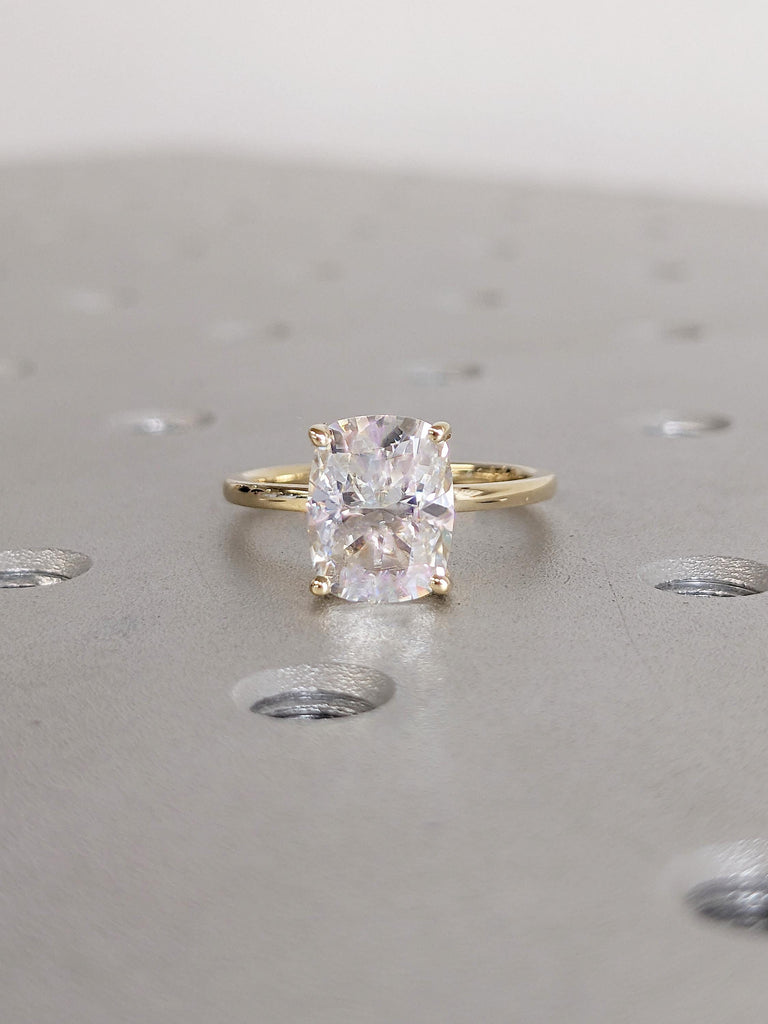 2.5ct Lab Grown Diamond Engagement Ring, Vintage 14k Gold Hidden Halo Diamond Ring, Elongated Cushion Cut Ring, Solitaire Women Wedding Ring
