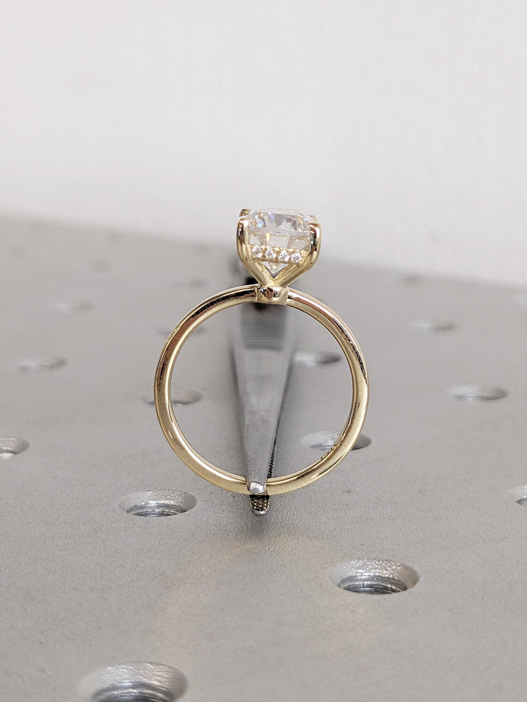 2.5ct Lab Grown Diamond Engagement Ring, Vintage 14k Gold Hidden Halo Diamond Ring, Elongated Cushion Cut Ring, Solitaire Women Wedding Ring