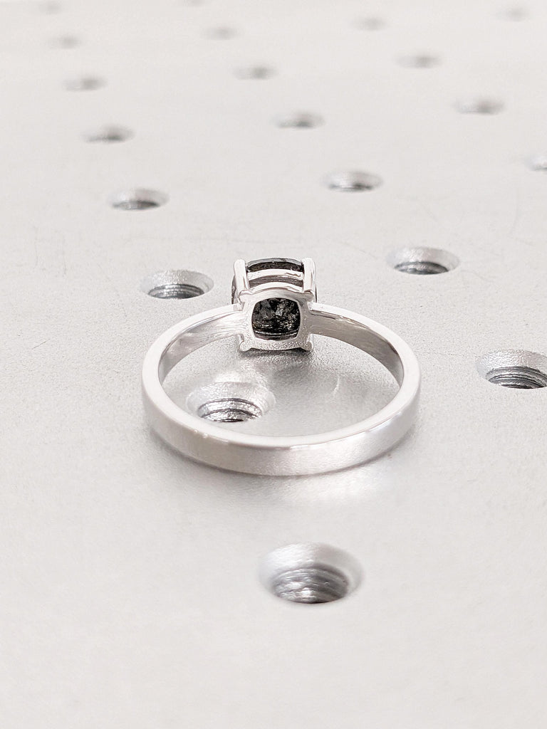 Cushion Cut Salt and Pepper Diamond Ring, 14k Gold Engagement Ring, Unique Minimalist Ring, Anniversary Ring for Women, Promise Ring for Her